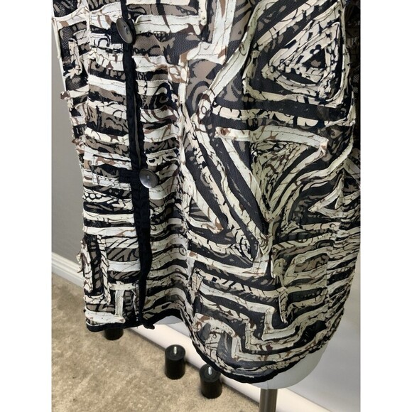 Chico’s Women’s 2 US L Black Mesh With Fabric Strips Trim Mandarin Collar Jacket - Picture 3 of 10